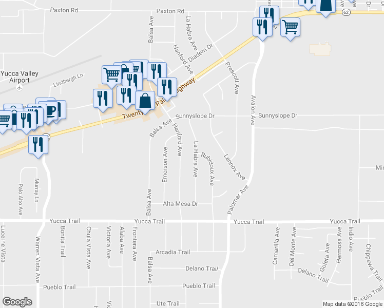 map of restaurants, bars, coffee shops, grocery stores, and more near 7042 La Habra Ave in Yucca Valley