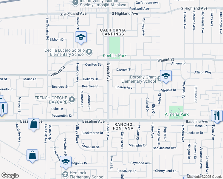 map of restaurants, bars, coffee shops, grocery stores, and more near 7082 Fremontia Avenue in Fontana