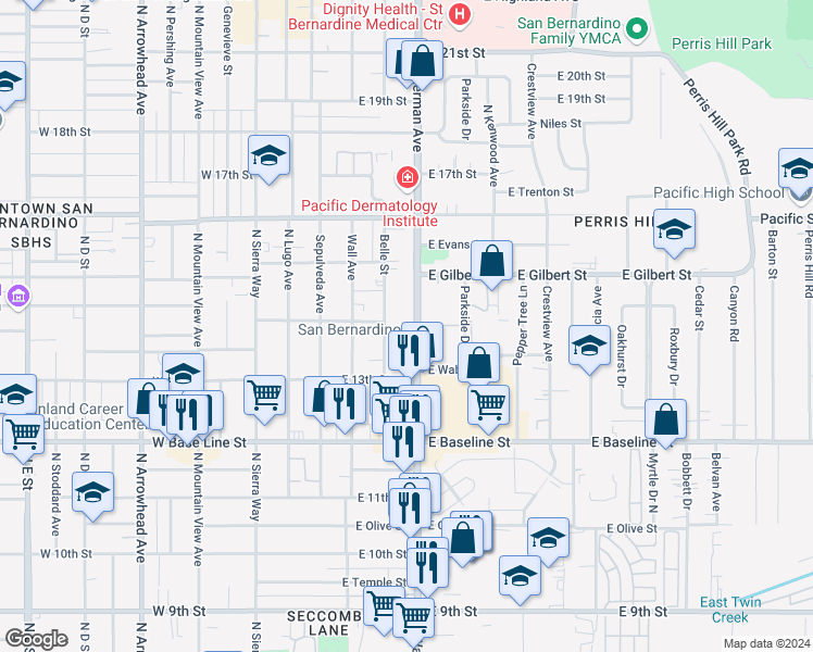 map of restaurants, bars, coffee shops, grocery stores, and more near 1396 North Waterman Avenue in San Bernardino