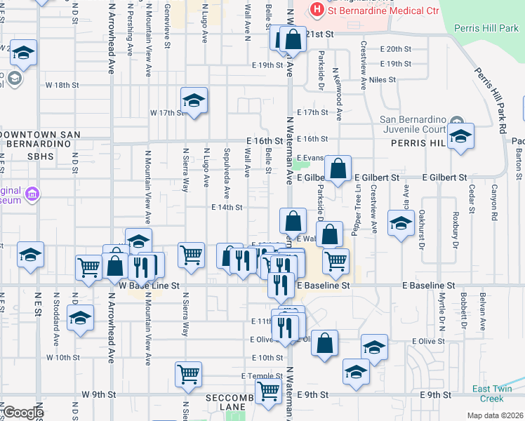 map of restaurants, bars, coffee shops, grocery stores, and more near 253 East 14th Street in San Bernardino