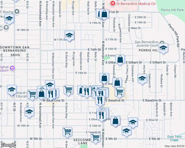 map of restaurants, bars, coffee shops, grocery stores, and more near 253 East 14th Street in San Bernardino