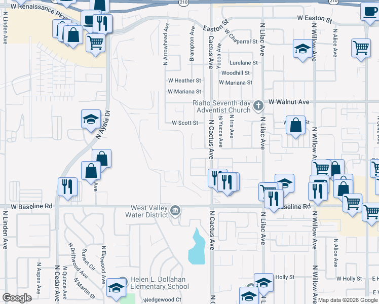 map of restaurants, bars, coffee shops, grocery stores, and more near 797 West Winchester Drive in Rialto