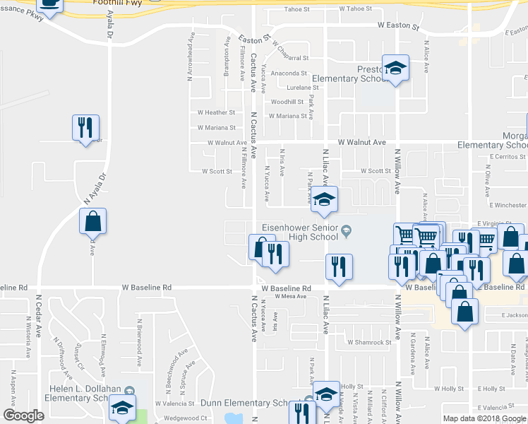 map of restaurants, bars, coffee shops, grocery stores, and more near 665 West Winchester Drive in Rialto