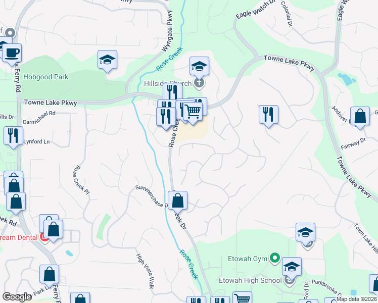 map of restaurants, bars, coffee shops, grocery stores, and more near 1602 Briarcliff Court in Woodstock