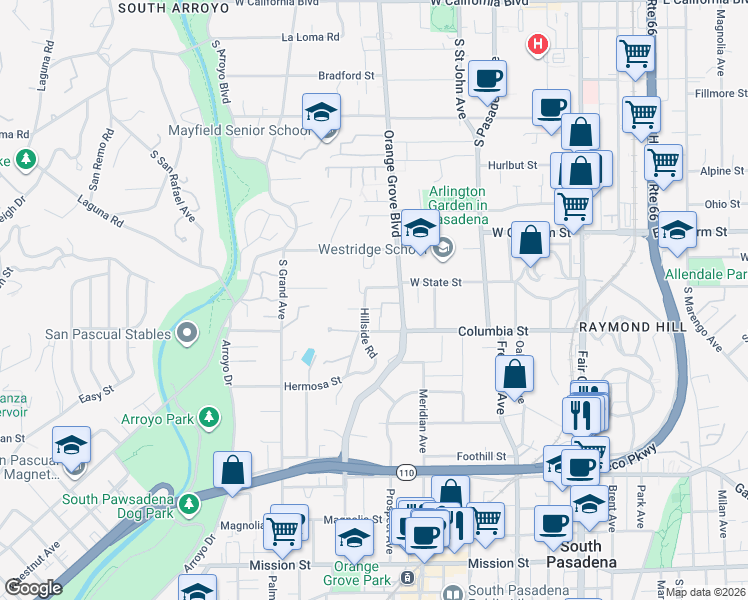 map of restaurants, bars, coffee shops, grocery stores, and more near 1210 Hillside Road in Pasadena