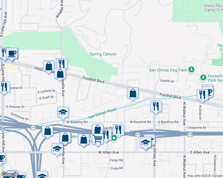map of restaurants, bars, coffee shops, grocery stores, and more near 406 Heatherglen Lane in San Dimas