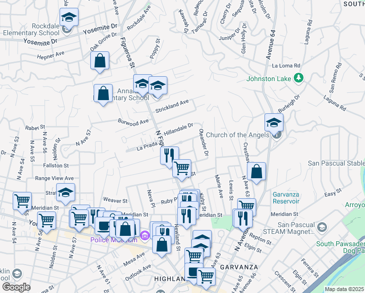map of restaurants, bars, coffee shops, grocery stores, and more near 6196 Oak Crest Way in Los Angeles