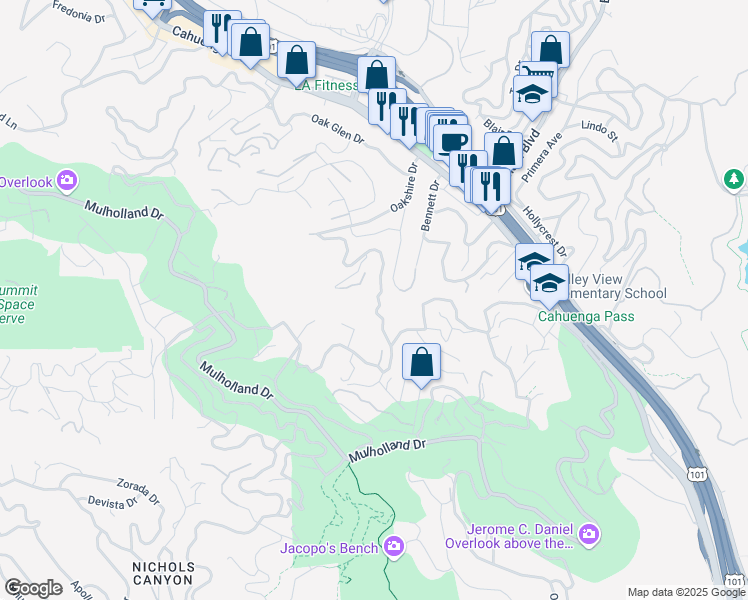 map of restaurants, bars, coffee shops, grocery stores, and more near 2955 Passmore Drive in Los Angeles