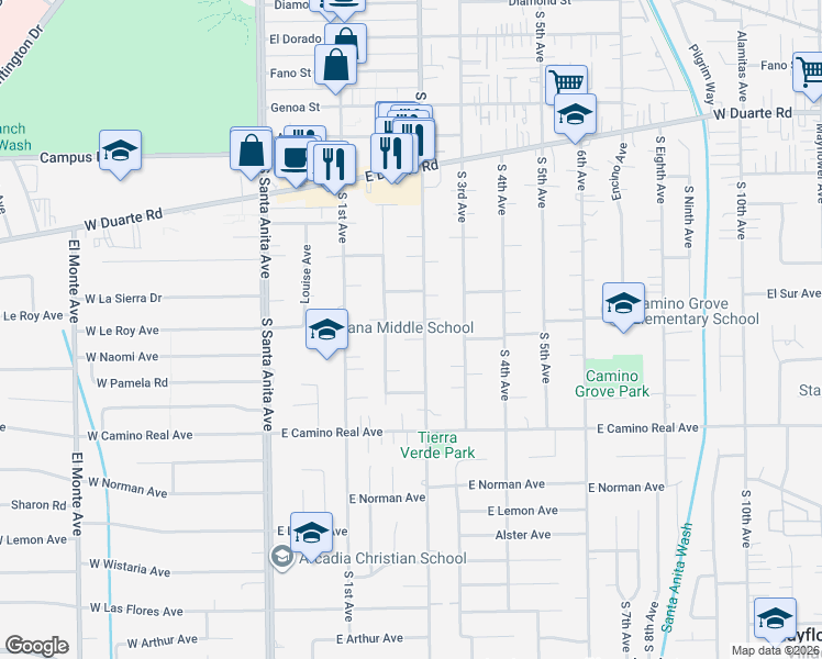 map of restaurants, bars, coffee shops, grocery stores, and more near 160 Ilene Drive in Arcadia