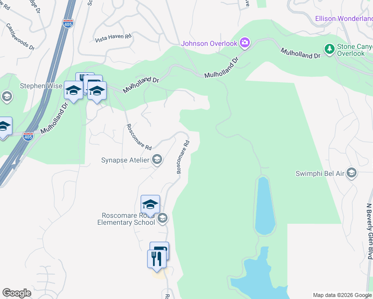map of restaurants, bars, coffee shops, grocery stores, and more near 2586 Roscomare Road in Los Angeles