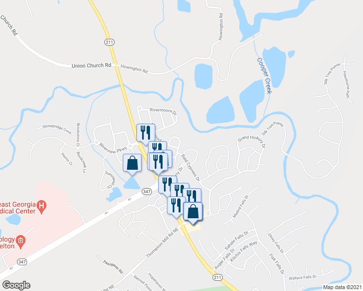 map of restaurants, bars, coffee shops, grocery stores, and more near 6205 Mulberry Park Drive in Braselton