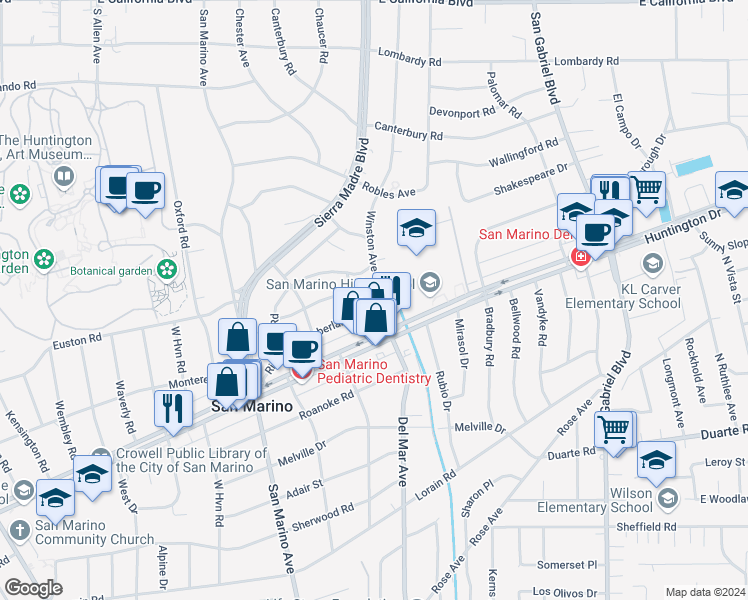 map of restaurants, bars, coffee shops, grocery stores, and more near 1375 Winston Avenue in San Marino
