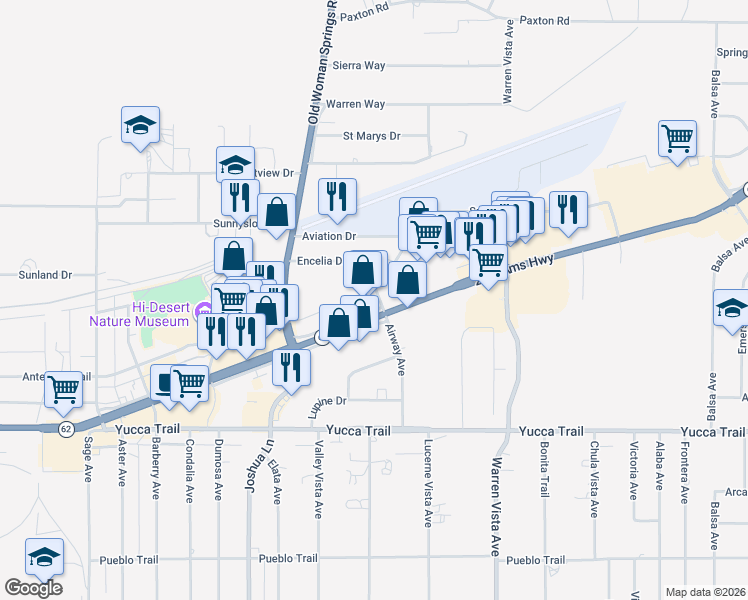 map of restaurants, bars, coffee shops, grocery stores, and more near 57492 29 Palms Highway in Yucca Valley