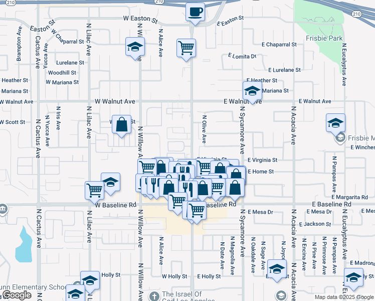 map of restaurants, bars, coffee shops, grocery stores, and more near 1414 North Riverside Avenue in Rialto