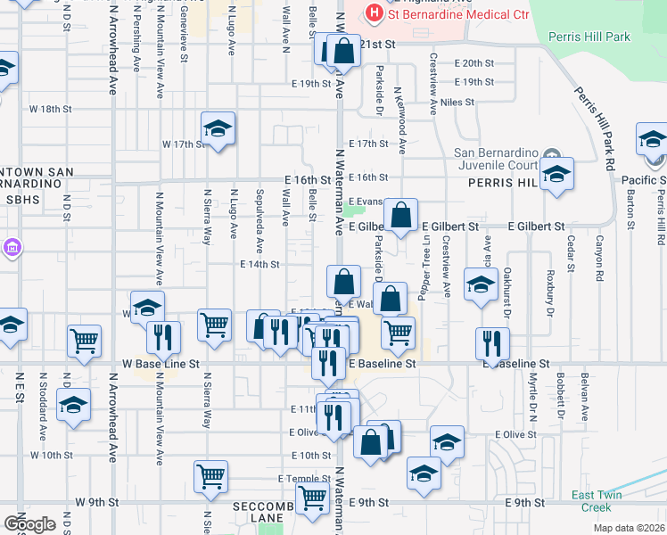 map of restaurants, bars, coffee shops, grocery stores, and more near 1396 North Waterman Avenue in San Bernardino