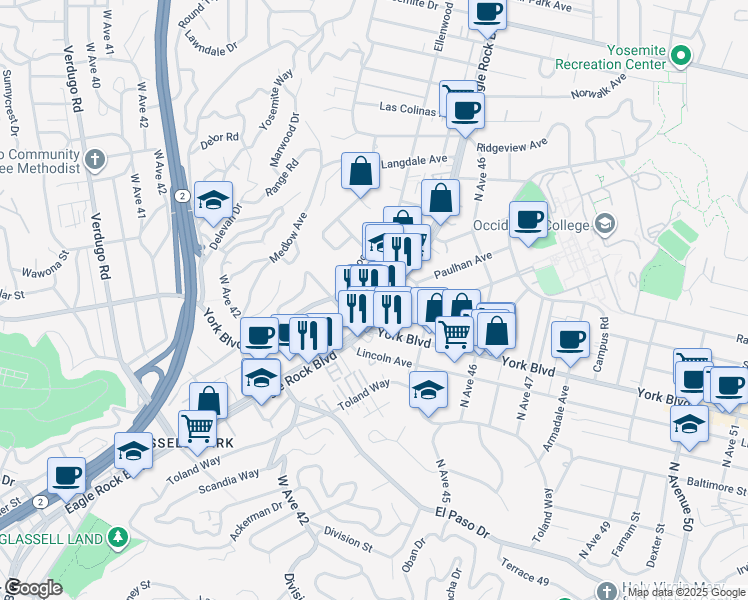 map of restaurants, bars, coffee shops, grocery stores, and more near 4433 Eagle Rock Boulevard in Los Angeles
