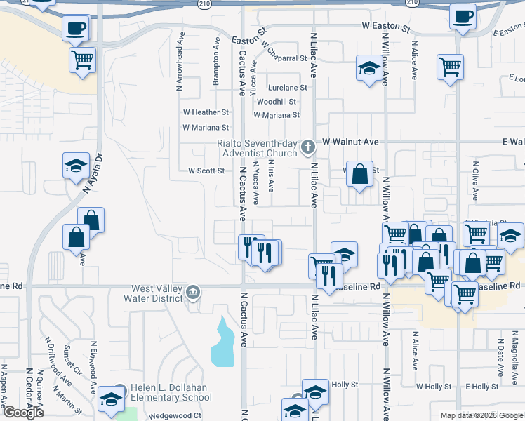 map of restaurants, bars, coffee shops, grocery stores, and more near 662 West Virginia Street in Rialto