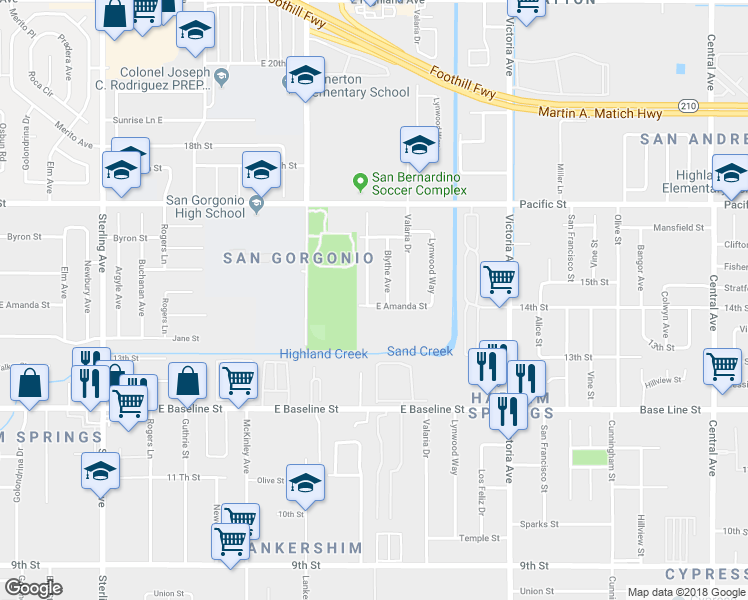 map of restaurants, bars, coffee shops, grocery stores, and more near 1401 Eucalyptus Drive in Highland
