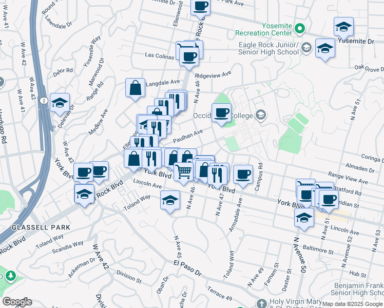 map of restaurants, bars, coffee shops, grocery stores, and more near 4556 Alumni Avenue in Los Angeles