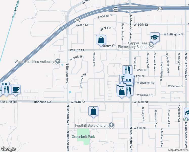 map of restaurants, bars, coffee shops, grocery stores, and more near 1704 Wilson Avenue in Upland