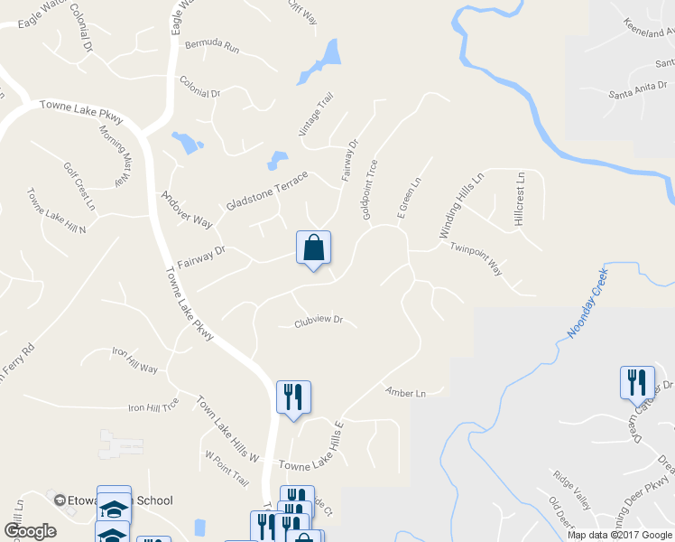 map of restaurants, bars, coffee shops, grocery stores, and more near 1094 Towne Lake Hills East in Woodstock