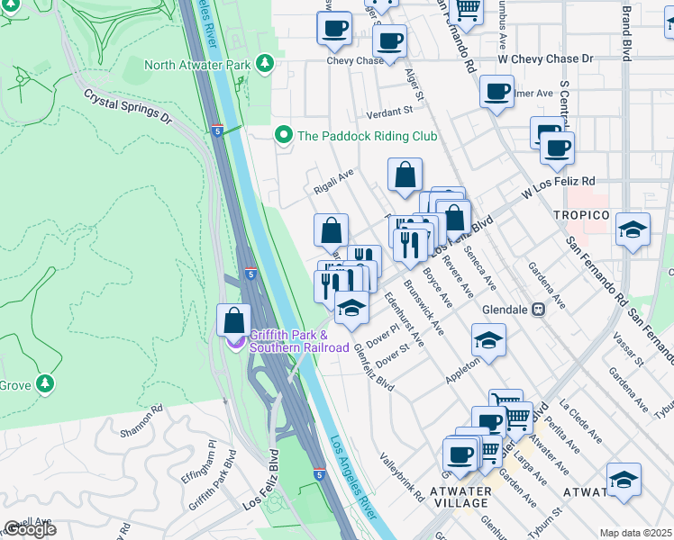map of restaurants, bars, coffee shops, grocery stores, and more near 4048 Garden Avenue in Los Angeles