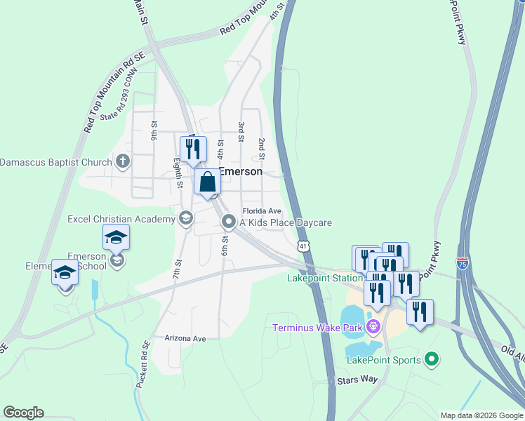 map of restaurants, bars, coffee shops, grocery stores, and more near 0 Florida Avenue in Emerson