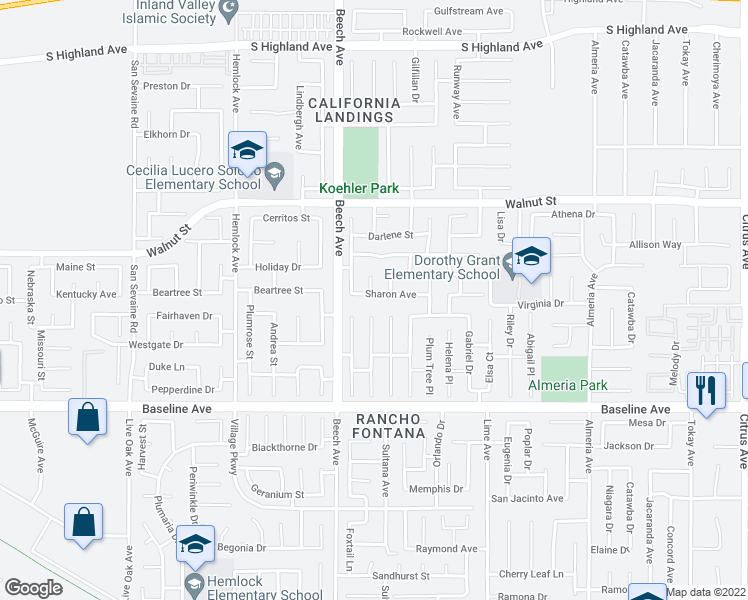 map of restaurants, bars, coffee shops, grocery stores, and more near 15371 Sharon Avenue in Fontana
