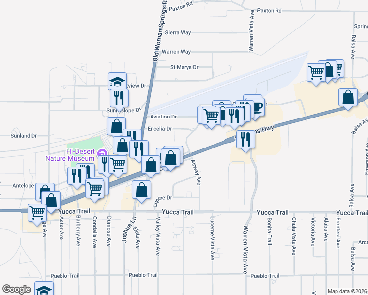 map of restaurants, bars, coffee shops, grocery stores, and more near 57492 29 Palms Highway in Yucca Valley
