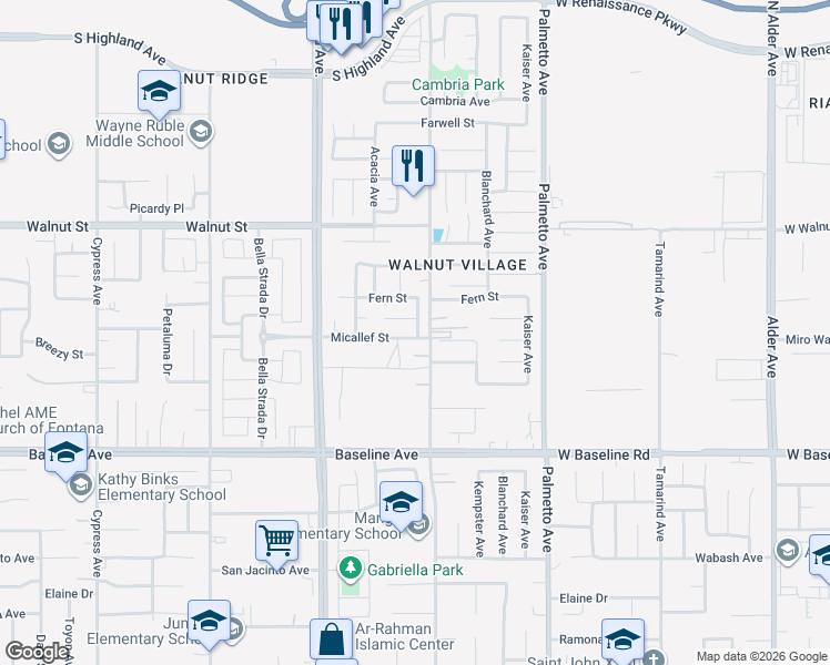 map of restaurants, bars, coffee shops, grocery stores, and more near 17090 Micallef Street in Fontana