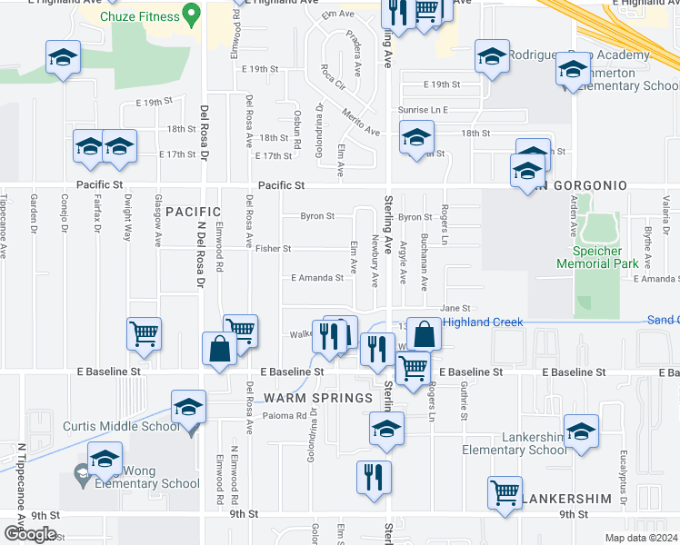 map of restaurants, bars, coffee shops, grocery stores, and more near 25596 East Amanda Street in San Bernardino