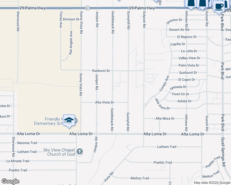 map of restaurants, bars, coffee shops, grocery stores, and more near Saddleback Road in Joshua Tree