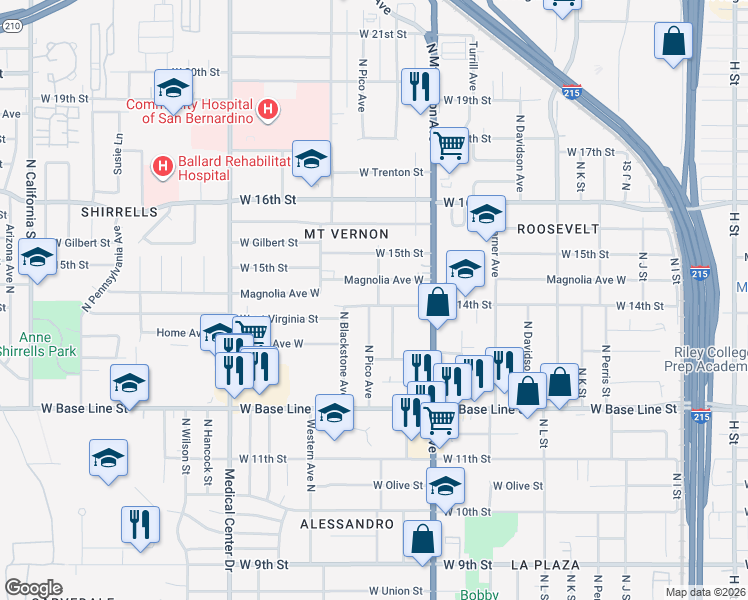 map of restaurants, bars, coffee shops, grocery stores, and more near 1408 West 14th Street in San Bernardino