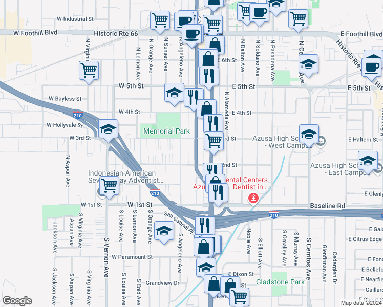 map of restaurants, bars, coffee shops, grocery stores, and more near 221 North San Gabriel Avenue in Azusa