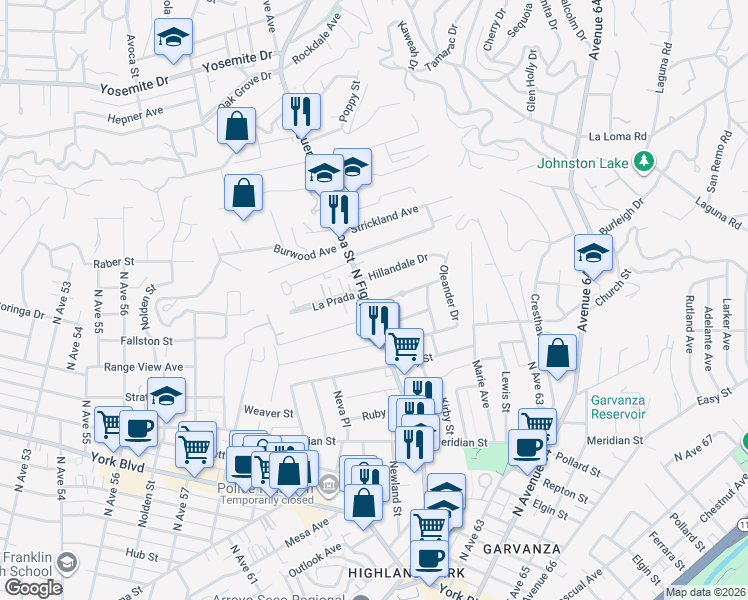 map of restaurants, bars, coffee shops, grocery stores, and more near 6153 Oak Crest Way in Los Angeles