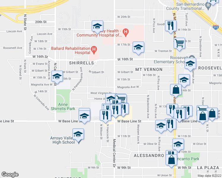 map of restaurants, bars, coffee shops, grocery stores, and more near 1619 Magnolia Avenue in San Bernardino