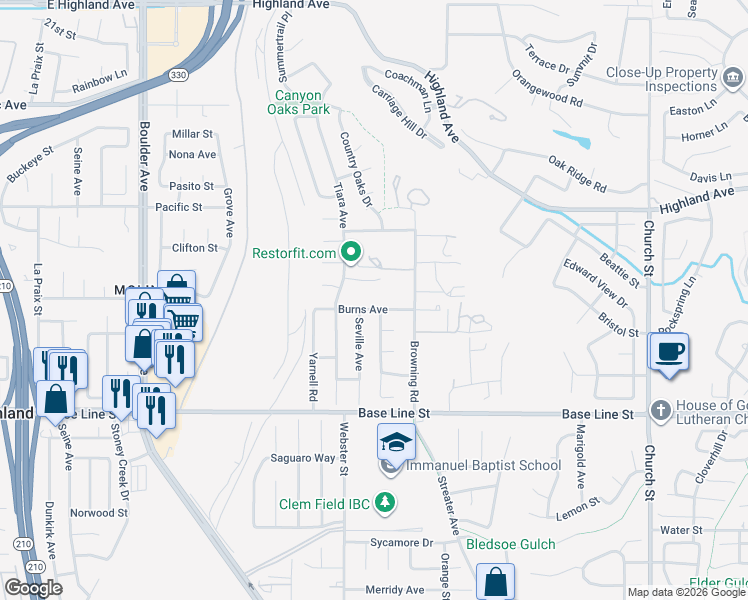 map of restaurants, bars, coffee shops, grocery stores, and more near 28342 Burns Avenue in Highland