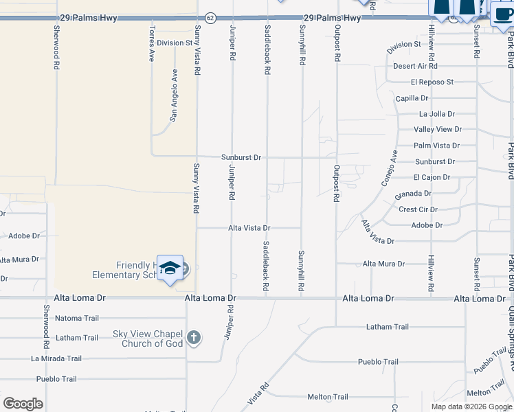 map of restaurants, bars, coffee shops, grocery stores, and more near 7060 Saddleback Road in Joshua Tree