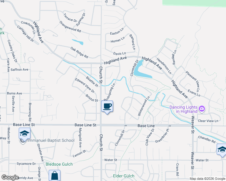 map of restaurants, bars, coffee shops, grocery stores, and more near 7087 Rockspring Lane in Highland