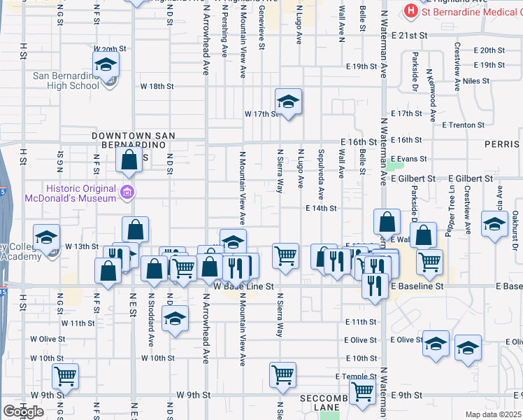 map of restaurants, bars, coffee shops, grocery stores, and more near 1376 Genevieve Street in San Bernardino