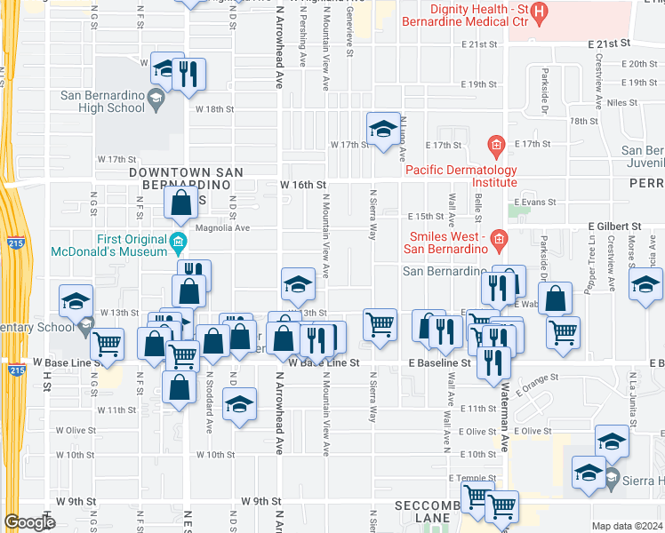 map of restaurants, bars, coffee shops, grocery stores, and more near 1376 Genevieve Street in San Bernardino