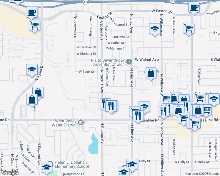 map of restaurants, bars, coffee shops, grocery stores, and more near 662 West Virginia Street in Rialto