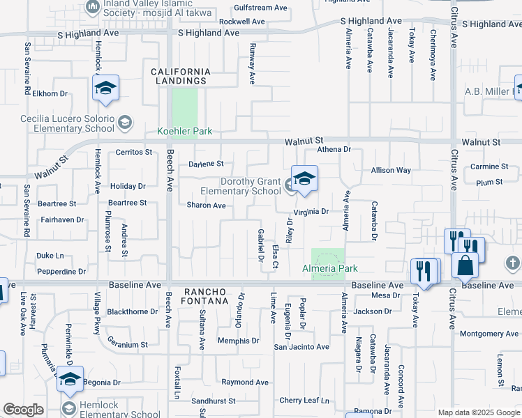 map of restaurants, bars, coffee shops, grocery stores, and more near 15583 Sharon Court in Fontana