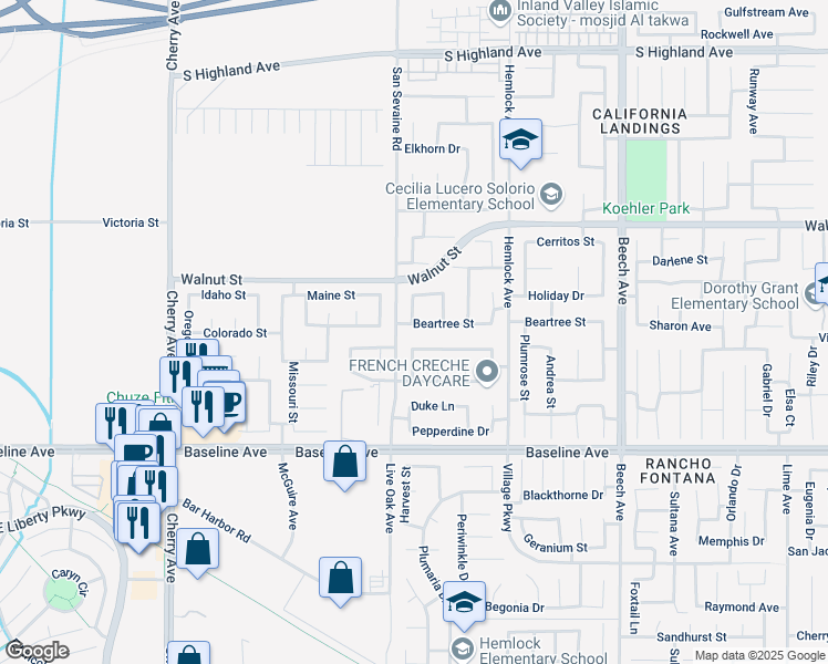 map of restaurants, bars, coffee shops, grocery stores, and more near 14956 Fairhaven Drive in Fontana