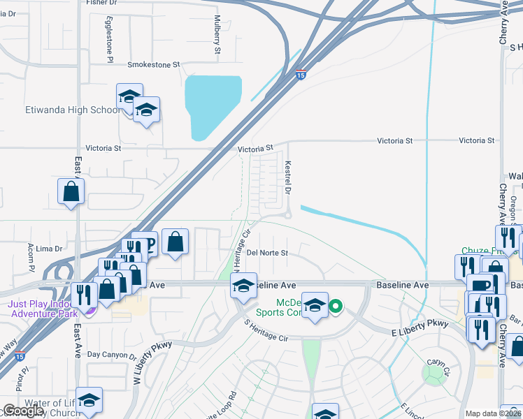 map of restaurants, bars, coffee shops, grocery stores, and more near 7161 North Heritage Circle in Fontana