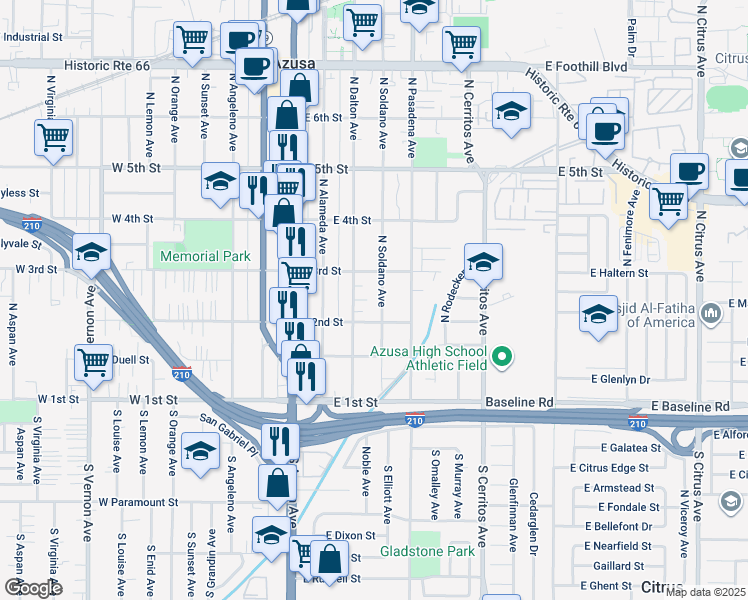 map of restaurants, bars, coffee shops, grocery stores, and more near 218 1/2 North Dalton Avenue in Azusa