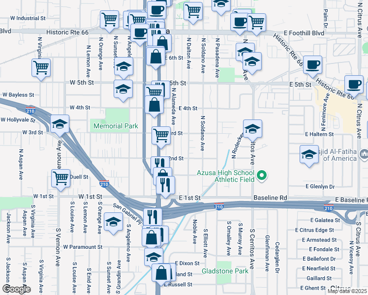map of restaurants, bars, coffee shops, grocery stores, and more near 214 North Alameda Avenue in Azusa