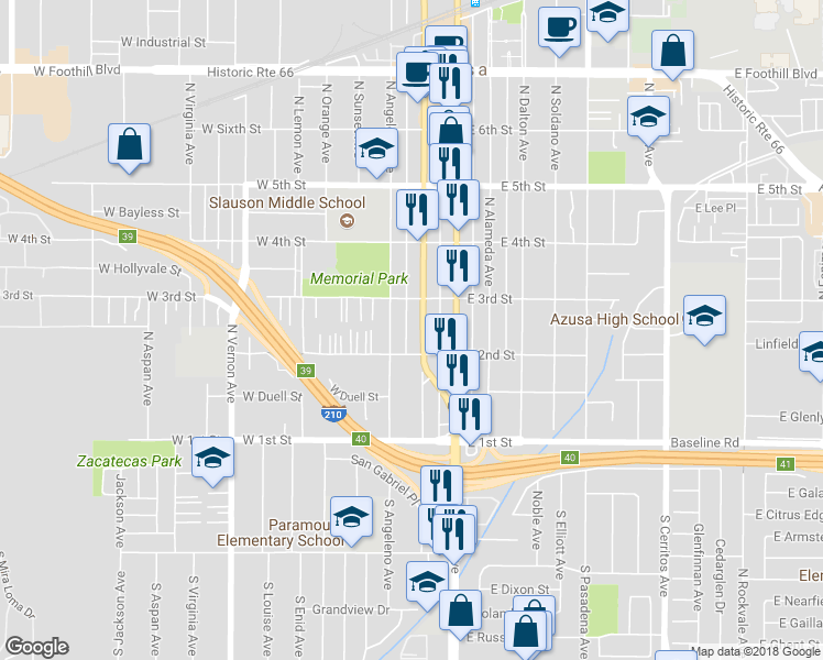 map of restaurants, bars, coffee shops, grocery stores, and more near 219 North San Gabriel Avenue in Azusa