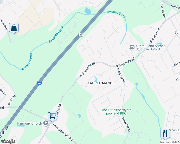 map of restaurants, bars, coffee shops, grocery stores, and more near 3293 North Bogan Road Northeast in Buford