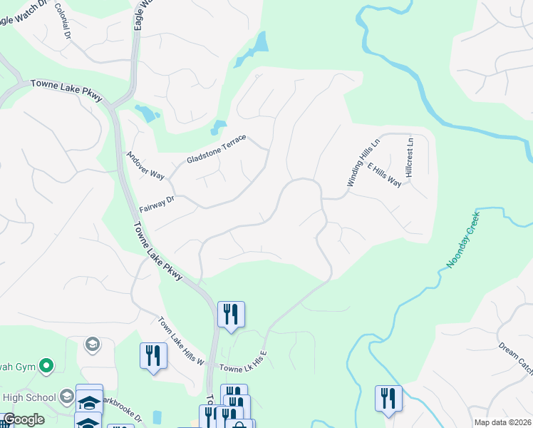 map of restaurants, bars, coffee shops, grocery stores, and more near 1094 Towne Lake Hills East in Woodstock